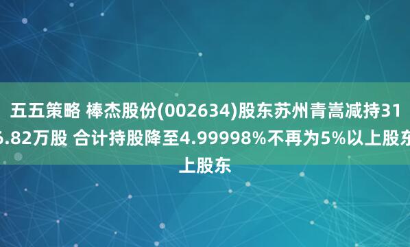 五五策略 棒杰股份(002634)股东苏州青嵩减持316.82万股 合计持股降至4.99998%不再为5%以上股东
